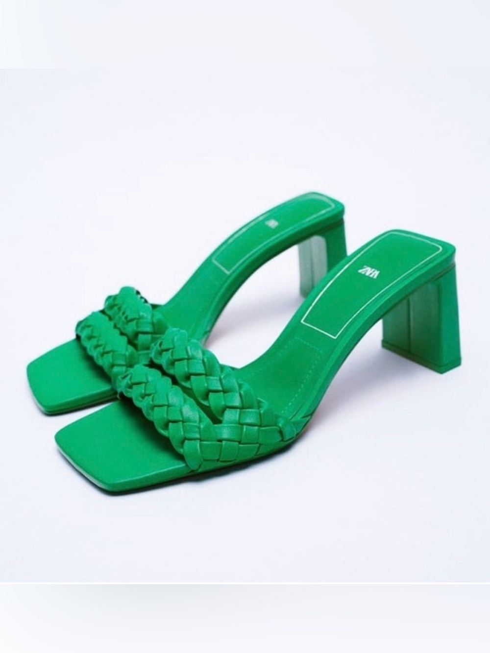 Zara Green Braided Block Heel Slide Sandals